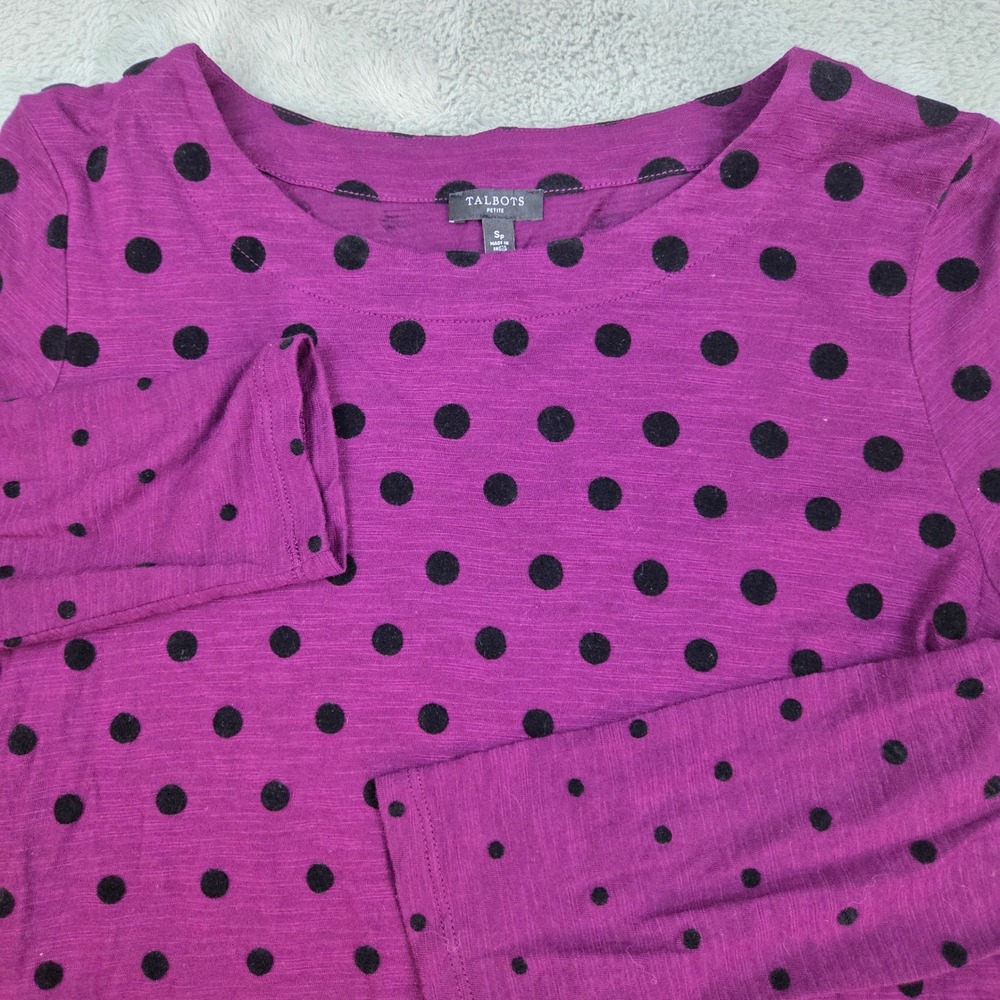 Talbots Polka Dot Top Womens Sz SP Flocked Boat Neck Long Sleeve Berry Purple